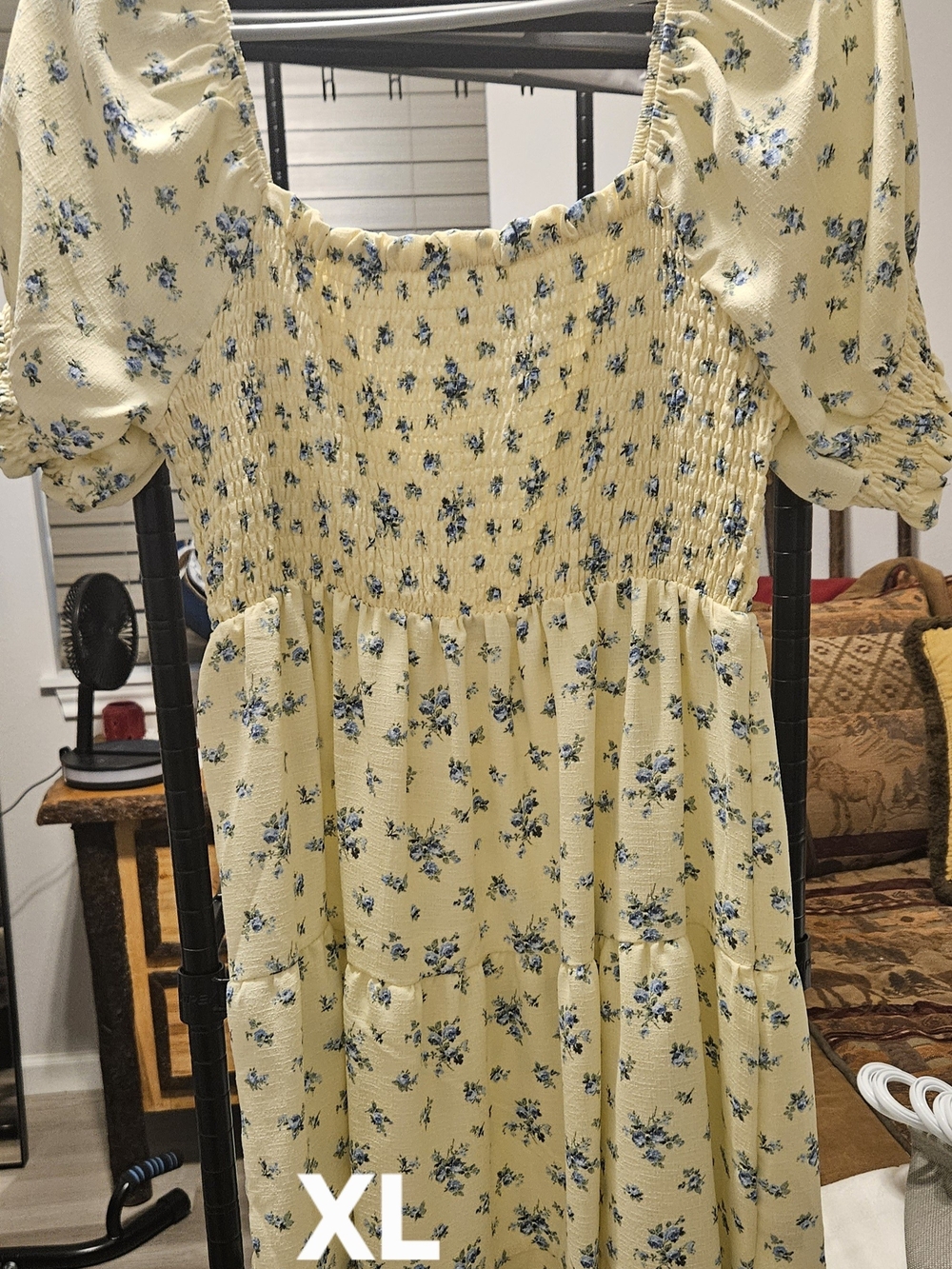 Yellow Floral Smocked Puff Sleeve Dress
